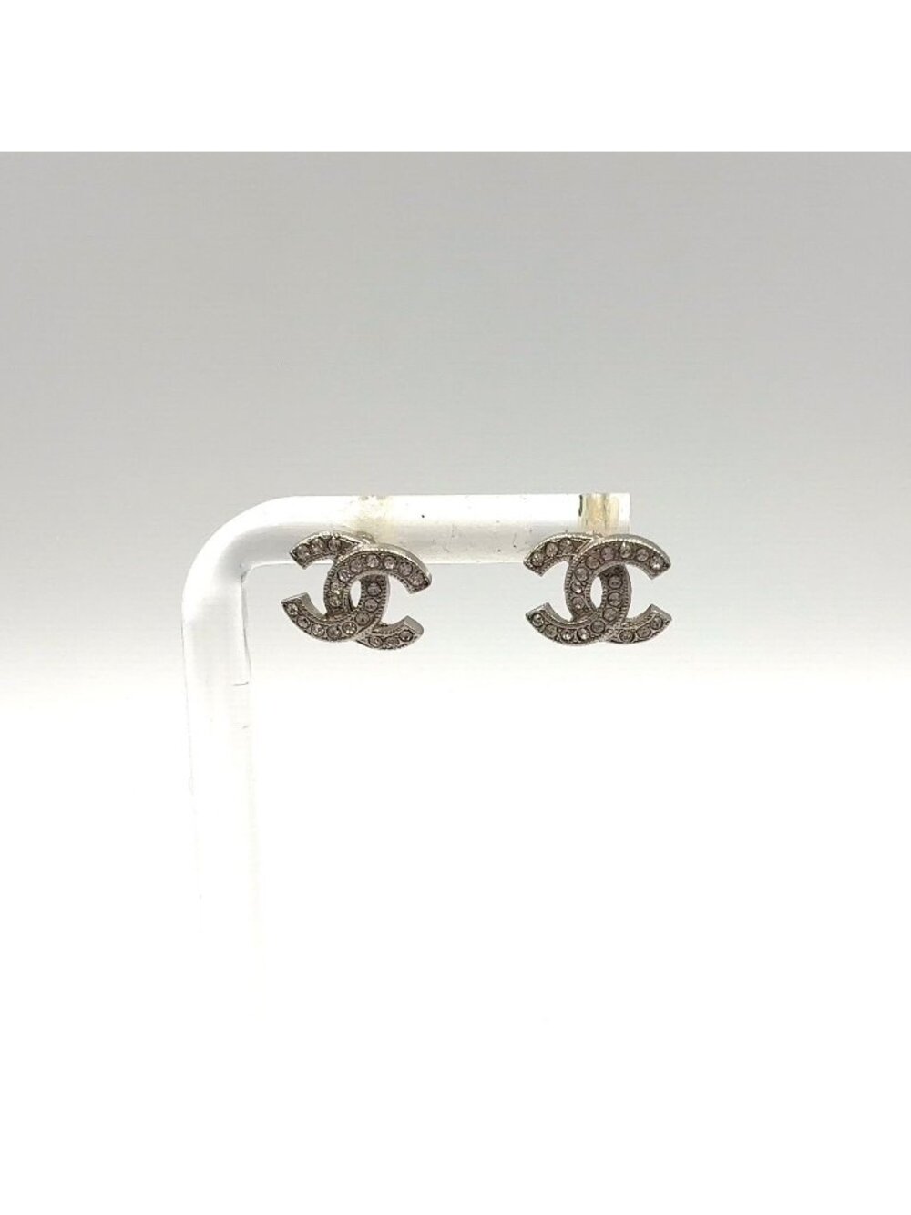 Chanel CC Logo Rhinestone Metal Clear Silver Earrings